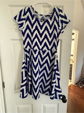 Espresso Blue and White Chevron Fit-and-Flare Dress